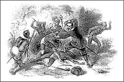 The Pequot War resulted in the enslavement of some of the surviving Pequot by English colonists in New England. Pequot Enslaved.jpg