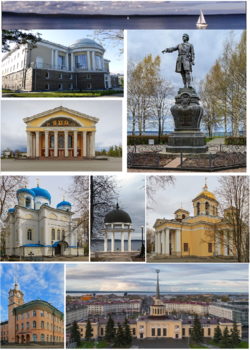 Petrozavodsk Bay, National Library of Karelia, Music Theater, Monument to Peter I, Church of Exaltation of Holy Cross on Zaretskoe Cemetery, Roundabout on the embankment of Lake Onega, Alexander Nevsky Cathedral, Main post office, Railway station