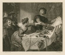 Fr. Schwoerer illustration of Act 4, Scene 1 (Petruchio rejects the bridal dinner). Engraved by Georg Goldberg (c.1850). Petruchio ruins dinner.jpg