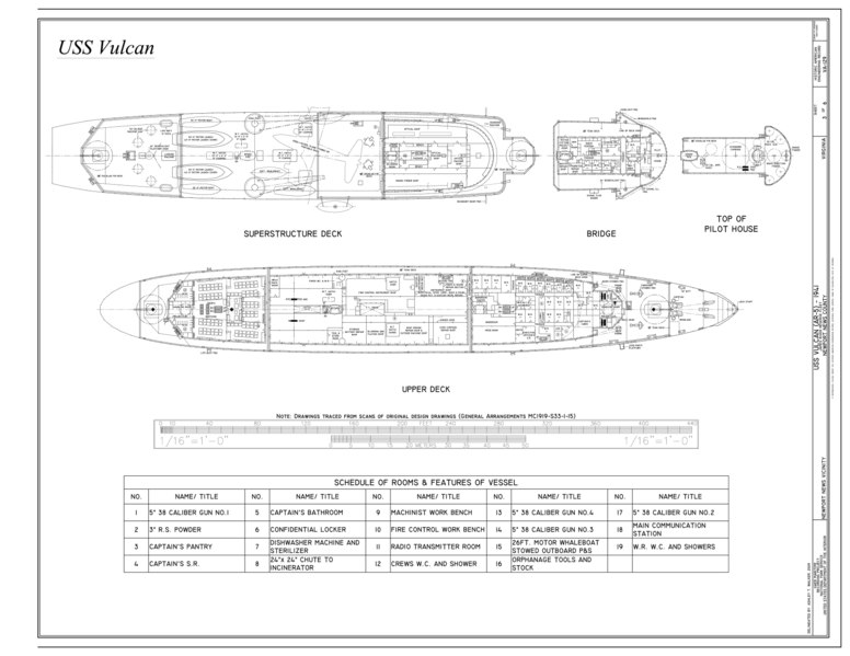 File:Plans- Superstructure Deck, Bridge, Top of Pilot House, Upper Deck - USS Vulcan, James River Reserve Fleet, Newport News, Newport News, VA HAER VA-129 (sheet 3 of 6).tif