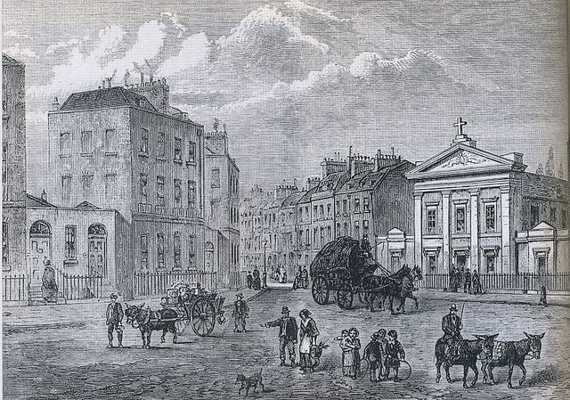 Clarendon Square, with The Polygon on left and St Aloysius Chapel on right (1850 engraving by Joseph Swain from an earlier sketch)