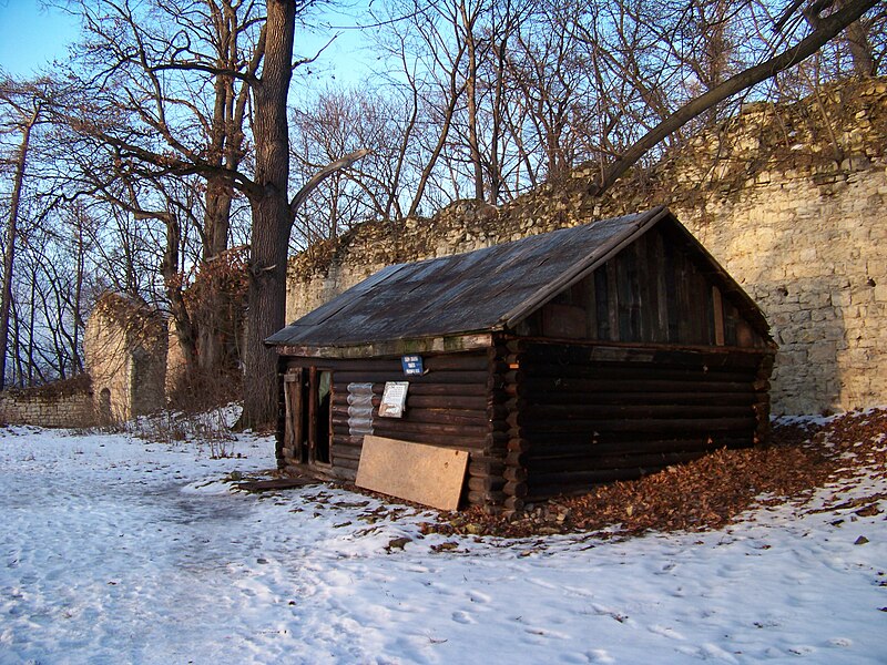 File:Pravda, nádvoří, severní zeď a srub.jpg