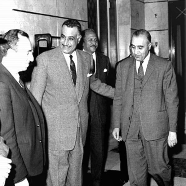 Michel Aflaq (left) and Salah al-Din Bitar (right) with Egyptian President Gamal Abdel Nasser (centre) in 1958. The three leaders were prime advocates