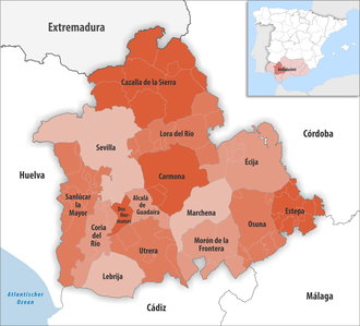 Provinz Sevilla: Geografische Lage, Bevölkerungsentwicklung der Provinz, Verwaltungsgliederung