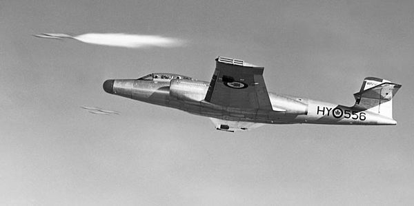 Weapons Practice Unit CF-100 Mk 5 firing rockets at first annual Air Defence Command rocket meet, Cold Lake, September 1957