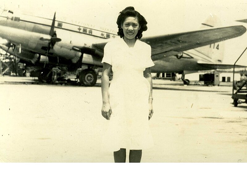 File:Rebecca Chan Chung at Longhua Airport in front of a CNAC C-46.jpg