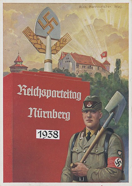 File:Reichsparteitag Nürnberg Ansichtskarte 1938 NSDAP Propaganda Richard BORRMEISTER Verlag Photo Hoffmann München 38-18 Reichsarbeitdienst RAD emblem Burg Nazi Rally Nuremberg castle Postcard No known copyright restrictions 866455-000000.jpg