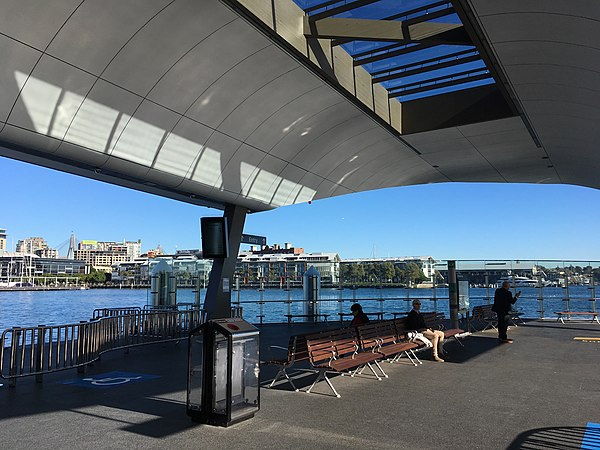 Resting area for commuters at wharf 1. The berths of the wharf are located at the left and right side of the image.