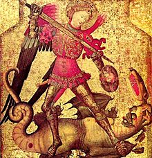 Saint Michael and the Dragon with sword & buckler, wearing brigandine with plate armour for hand and legs Saint Michael and the Dragon.jpg