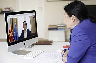 President Stevo Pendarovski is holding a video conference with Georgian President Salome Zurabishvili to discuss the current COVID-19 pandemic. Salome Zourabichvili Talking with Stevo Pendarovski.jpg