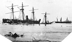 Wrecked vessels at Apia (1889) Samoan Crisis wrecks 2.jpg