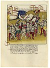 Belagerung der Burgen Laubegg und Mannenberg durch die Berner 1349, Darstellung in der Spiezer Chronik von Diebold Schilling.