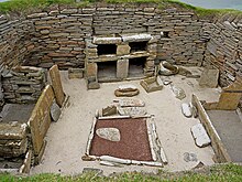 These stone boxes in Skara Brae are thought to have held bedding. The stone-built settlement was inhabited between c. 3180 BC to about c. 2500 BC Skara Brae-maison.jpg