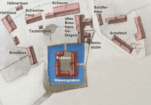 Plan of castle and outbuildings in 1765 Skizze-Schloss Fallersleben.png
