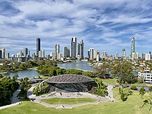 The skyline of Surfers Paradise and its surrounds, as viewed from the Home of the Arts Skylines of Surfers Paradise seen from Home of the Arts, Queensland, 2023, 06.jpg