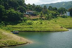 Some houses and medical clinic of Hanabanilla village visible from the lake's courtain.JPG