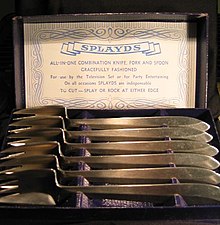 Splayds (or spknorks) are a combination of fork, knife and spoon in one utensil. Splayds.jpg