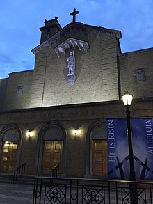 The church during twilight St. Sebastian Church Woodside 2019.jpg