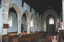 Interior of St Mary the Virgin parish church, showing 14th century Decorated Gothic arcade Steeple Barton St Mary Arcane Revised.jpg