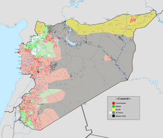 Military situation in December 2015, the SDF would be successful in pushing ISIS out of northern Syria Syrian civil war 01 12 2015.png