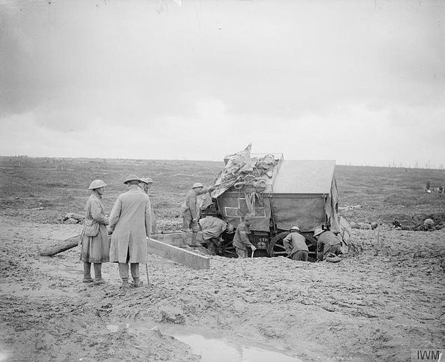 20th Division ambulance (the division sign is in front of the rear wheel), stuck in the mud near Guillemont, October 1916