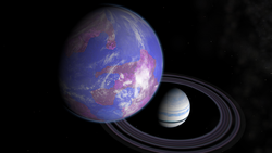 A hypothetical rendition of the Blue Moon orbiting high above the plane of its parent gas giant planet. The Blue Moon.png