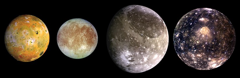 The four Galilean moons: Io, Europa, Ganymede and Callisto The Galilean satellites (the four largest moons of Jupiter).tif
