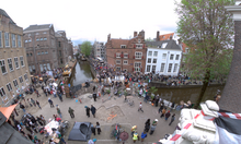 Overview of barricades at the University of Amsterdam. After a series of occupation protests, the university closed for two days on May 13. The OMHP barricades around 1530 on the 8th of May 2024, as viewed from the roof of the old Academic Club.png