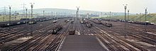 Tinsley yard in 1974. Tinsley Marshalling Yard from the control tower, Nigel Tout, 6.8.74.jpg