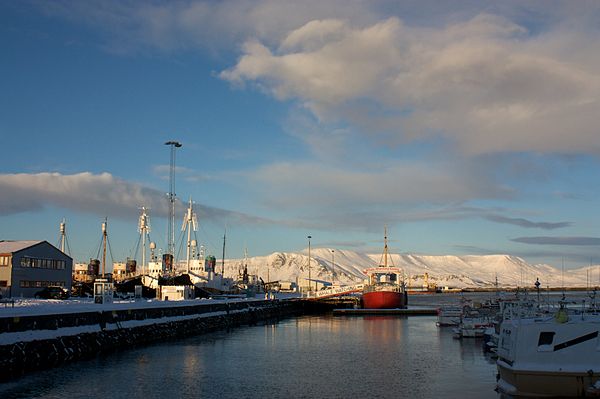 To the left, the black-hulled whaling ships. To the right, the red-hulled whale-watching ship. Iceland, 2011.