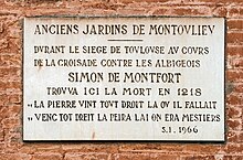 Plaque commemorating the death of Simon de Montfort Toulouse - Plaque de Simon de Monfort.jpg