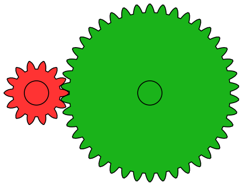 Een paar tandwielen met EXTERNE tandwieloverbrenging.  Overbrengingsverhouding - 3 (42/14).  De wielen draaien in de tegenovergestelde richting.