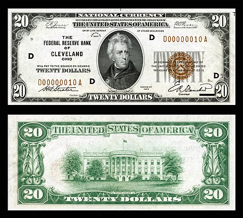 $20 Federal Reserve Bank Note (1929) depicting Andrew Jackson. FRB Cleveland.