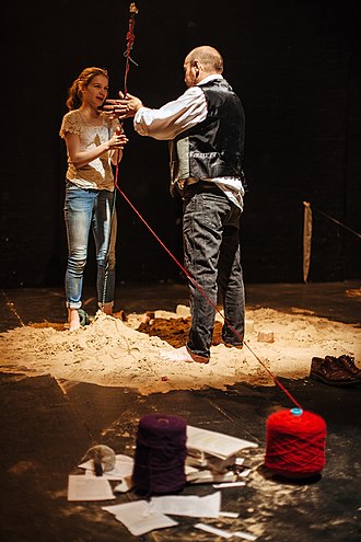 Annabel MacDonald and David Walker perform dual language play at Tramway IV Uainead Degree of Greeness .jpg