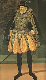 Duke Ulrich of Mecklenburg wearing a doublet and diverted skirt with codpiece and black tights, (1573)