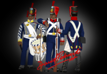 Rifleman and hunter uniforms of the Regiment 7 of the Andes Infantry. Uniformes libertos Ejercito de los Andes.png