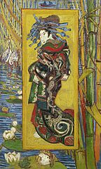 Kurtyzana (według Kesaï Eisena) (1887), Muzeum Vincenta van Gogha. Portret dalekowschodniej kurtyzany, z ozdobą we włosach, w kolorowym okryciu, umieszczonej na tle moczarów i trzcin.
