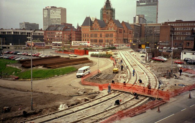 Phase 1 construction of the core section of the network near Manchester Piccadilly, 1991
