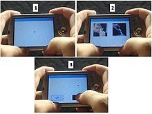 Although there is not yet clinical evidence that CBM works on handheld devices, this image illustrates what a CBM task might look like: Diagram of sequence of events in a single VP trial. 1) The fixation cross is presented for 500ms, 2) the two pictures - one smoking and one neutral- are displayed, and 3) the probe to which the participant must respond is presented. Visual Probe Task on a PDA.jpg