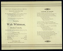 Whitman's lecture on Lincoln, invitation, 1886 Walt Whitman's Lecture on Lincoln Invitation 1886.jpg