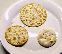 Trio of Water biscuits: Left: Supermarket own brand, Right: Excelsior from Jamaica, Top: Carr's Table Cracker