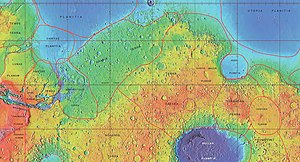 MOLA map showing boundaries for Arabia Terra and other nearby regions. Wikiarabiaboundaries.jpg