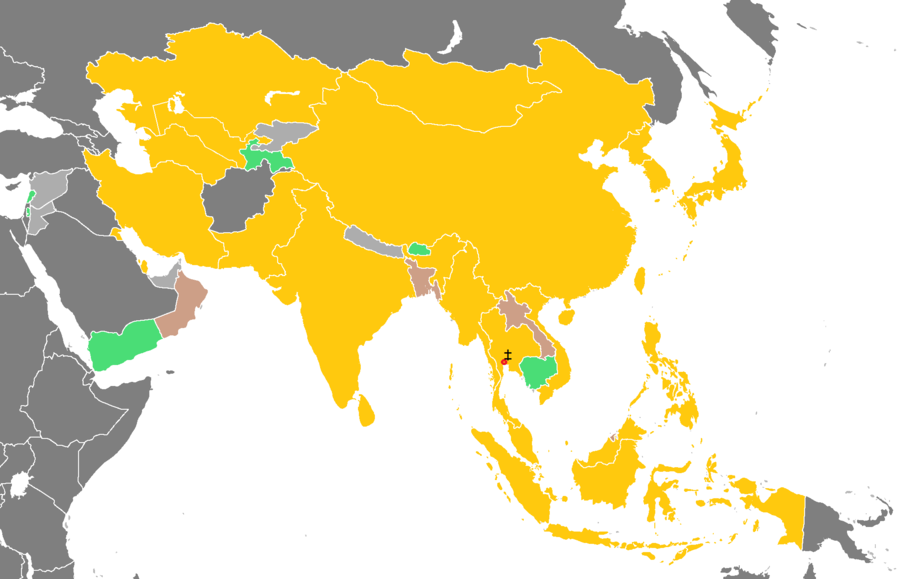 表示1998年亞運會參賽各國獎牌競逐形勢的亞洲地圖