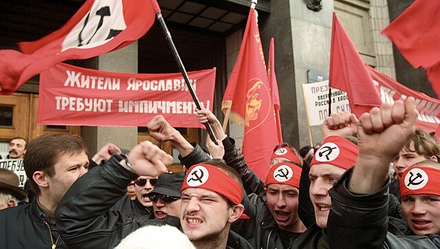 Russian communists and members of the National Bolshevik Party at a protest against Boris Yeltsin
