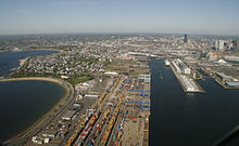 Aerial view of part of Boston Harbor. From left to right Pleasure Bay, Conley Container Terminal, Reserved Channel, Black Falcon Cruise Terminal and Dry Dock number 3. 2008 Boston 2507982044.jpg