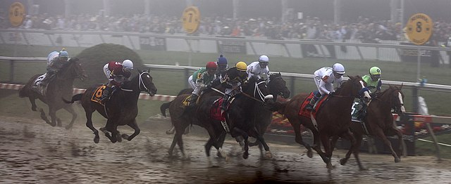 Good Magic (on the rail) challenges Justify early in the Preakness