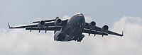 A US Air Force C-17 Globemaster III, tail 00-0171, on final approach to Kadena Air Base in Okinawa, Japan. It is assigned to the 176th Wing of the Alaska Air National Guard, and is originally from Joint Base Elmendorf–Richardson in Anchorage, Alaska.