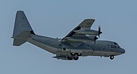 A United States Marine Corps KC-130J, registration number 169535, on final approach at Kadena Air Base in Okinawa, Japan. The aircraft belongs to VMGR-152 at Marine Corps Air Station Iwakuni.