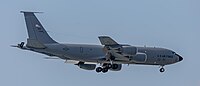 A KC-135R Stratotanker, tail number 57-1439, on final approach at Kadena Air Base in Okinawa, Japan in March 2020. It is assigned to the 22nd Air Refueling Wing and the 931st Air Refueling Wing at McConnell Air Force Base in Wichita, Kansas.