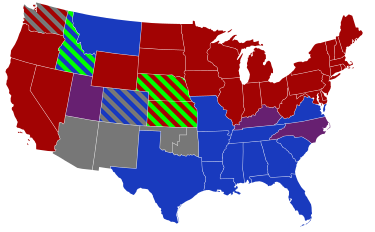 Senators' party membership by state at the opening of the 57th Congress in March 1901. The green stripes represent Populists, while the gray stripes represent Silver Republicans.
.mw-parser-output .legend{page-break-inside:avoid;break-inside:avoid-column}.mw-parser-output .legend-color{display:inline-block;min-width:1.25em;height:1.25em;line-height:1.25;margin:1px 0;text-align:center;border:1px solid black;background-color:transparent;color:black}.mw-parser-output .legend-text{}
2 Democrats
1 Democrat and 1 Republican
2 Republicans
Territories 57th United States Congress Senators.svg